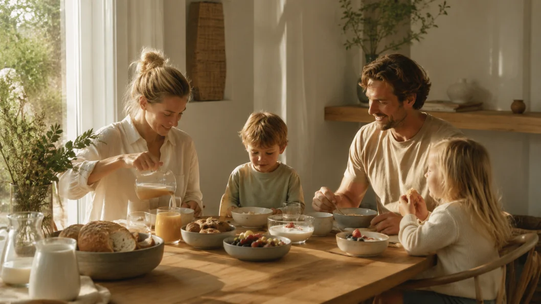 Gezin ontspannen aan de ontbijttafel in ochtendlicht