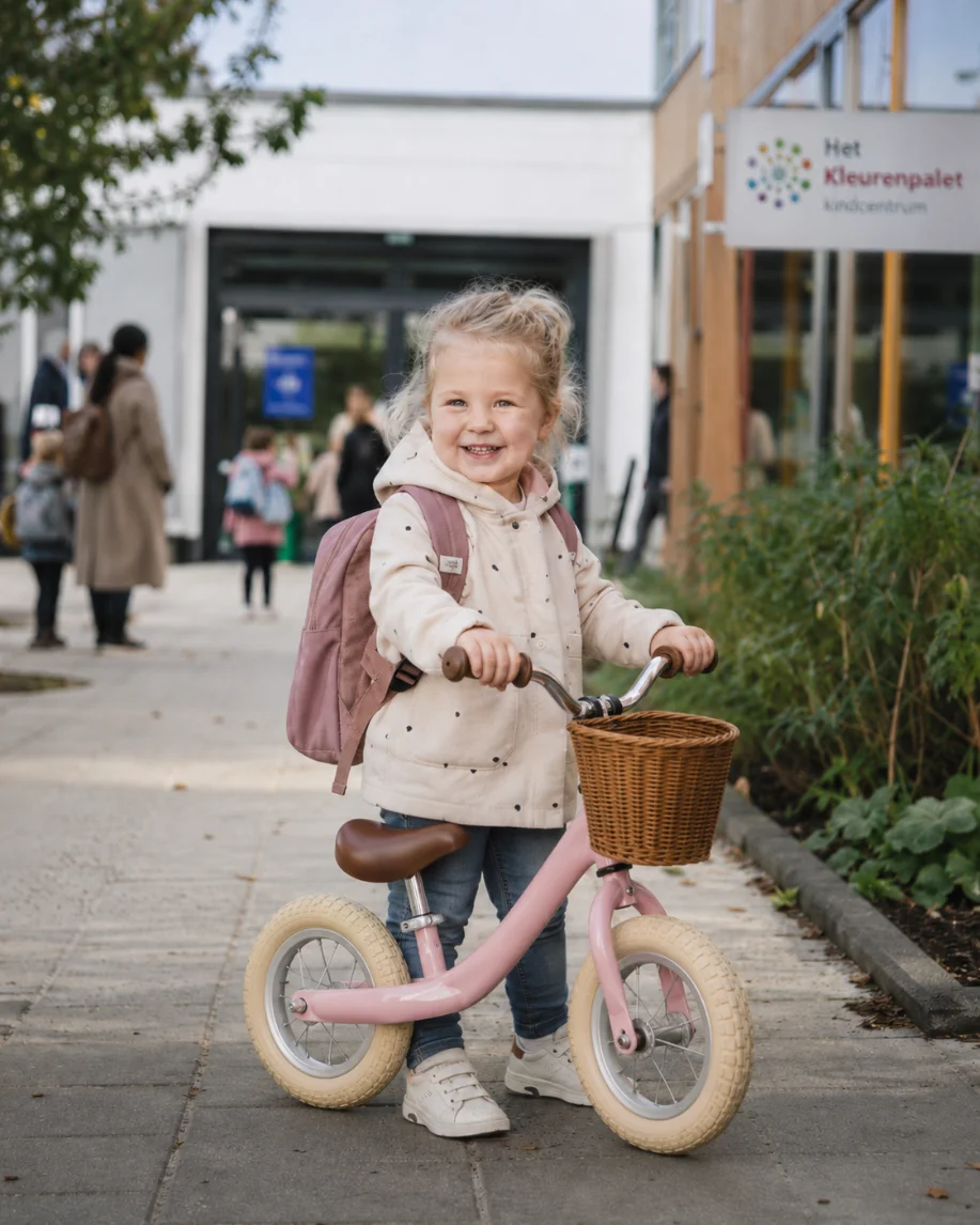 Kind vrolijk op het schoolplein met rugzak en fietsje